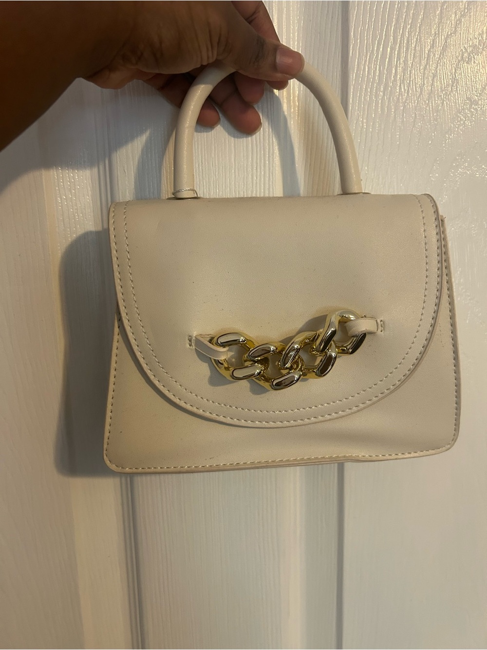 Cream Top-Handle Bag with Gold Chain Accent